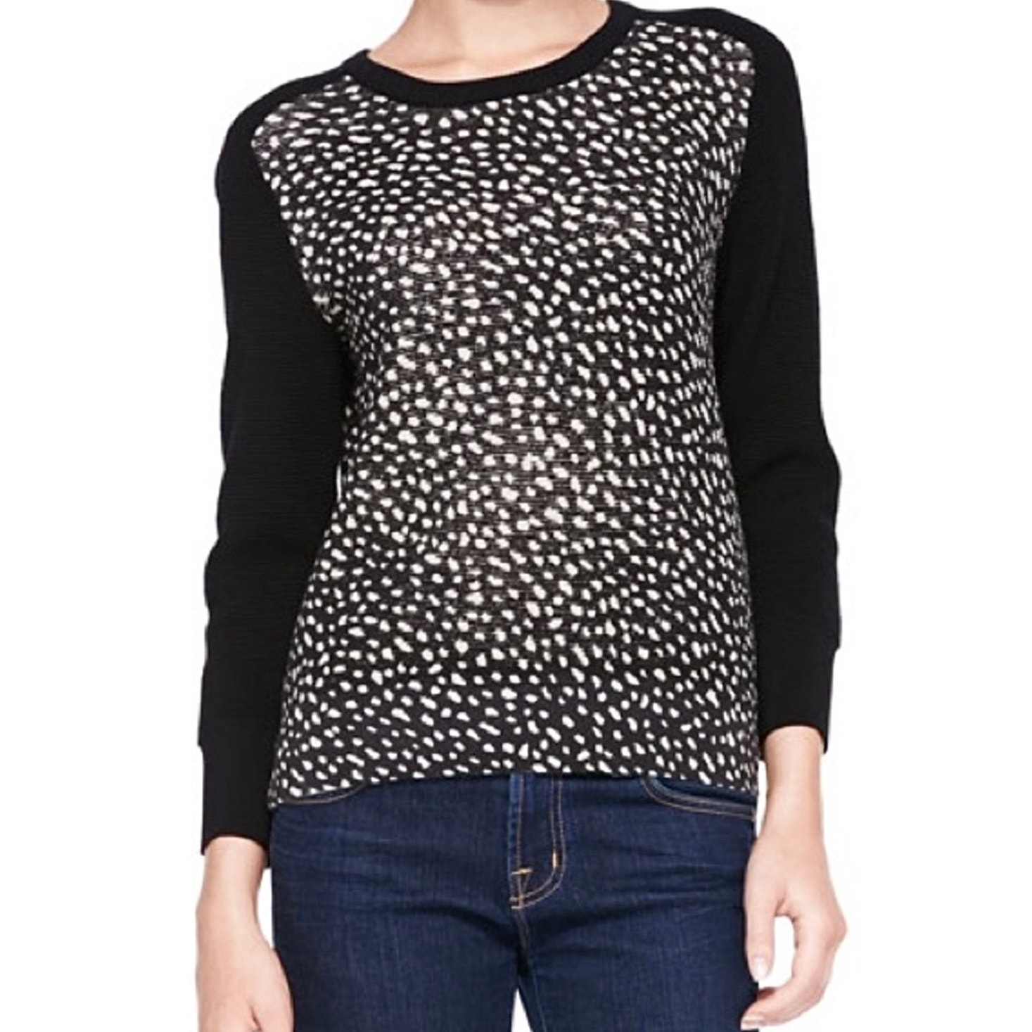 Tory Burch Shia Sweater Black Dotted Pony Print Large Merino Wool Classic Chic